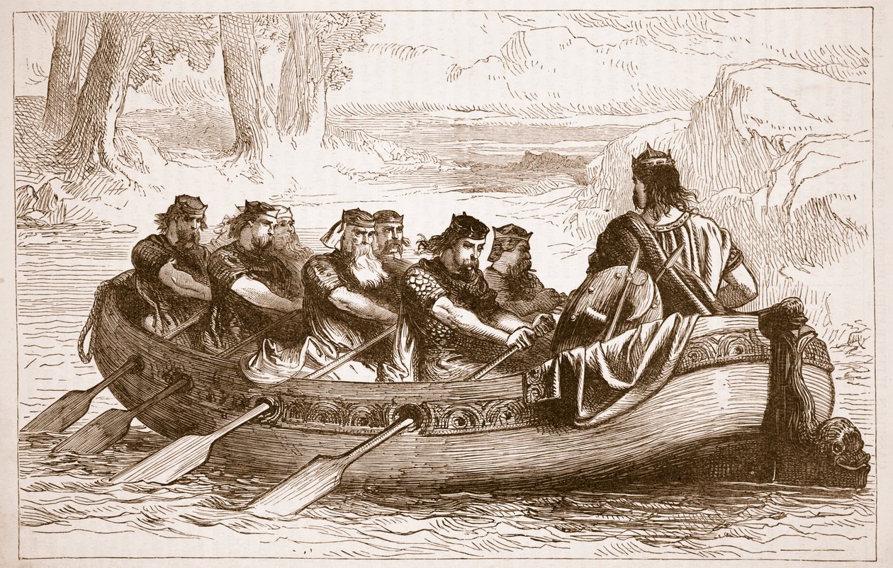 Edgar Stilla havet roddes nerför floden Dee av åtta biträdande prinsar, illustration från Cassells Illustrated History of England (sepiafoto) av English School