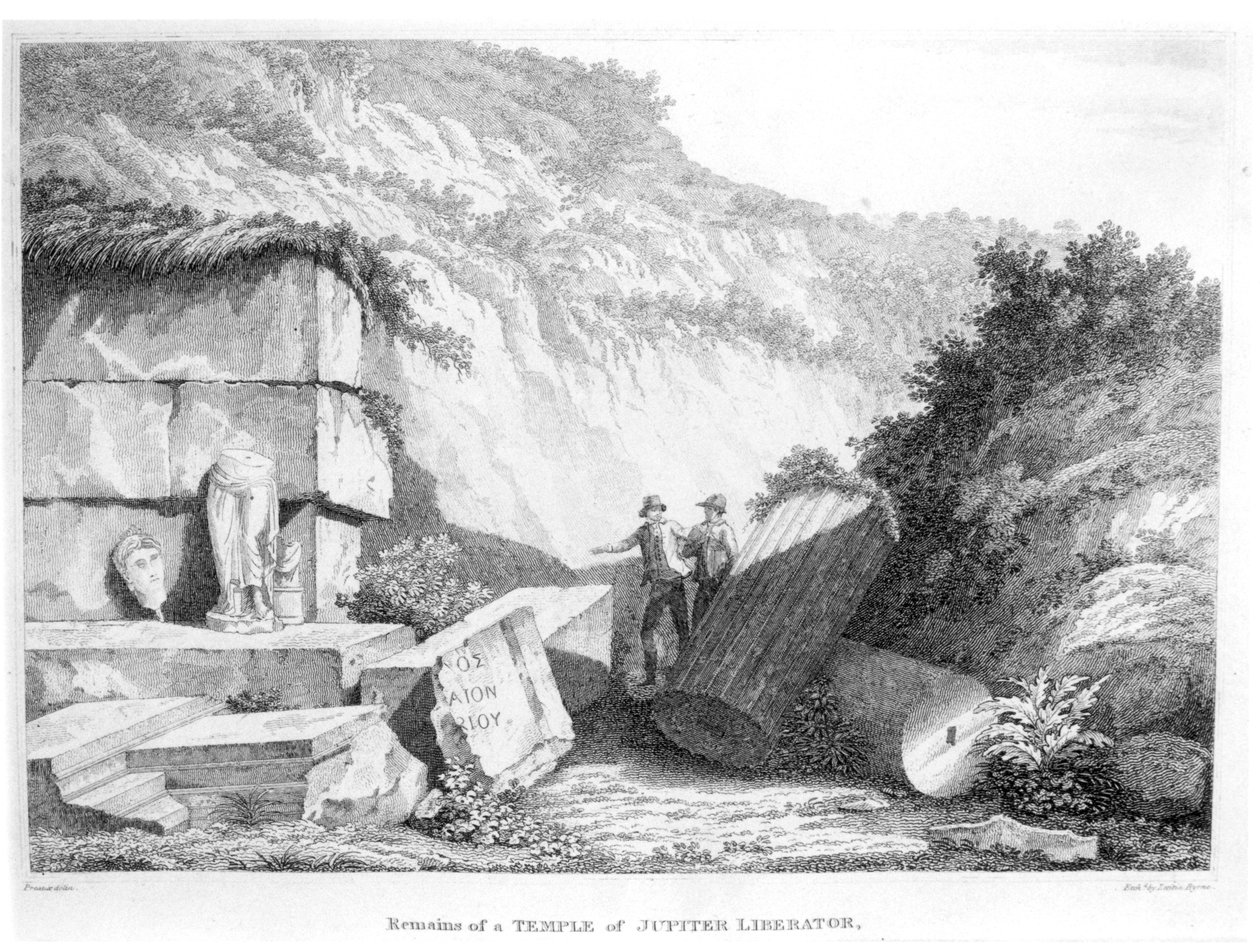 Edward Daniel Clarke (1769-1822) besöker resterna av Temple of Jupiter Liberator i Troad, från del 2 av Resor i olika länder i Europa, Asien och Afrika, publicerad 1812 (bw av English School