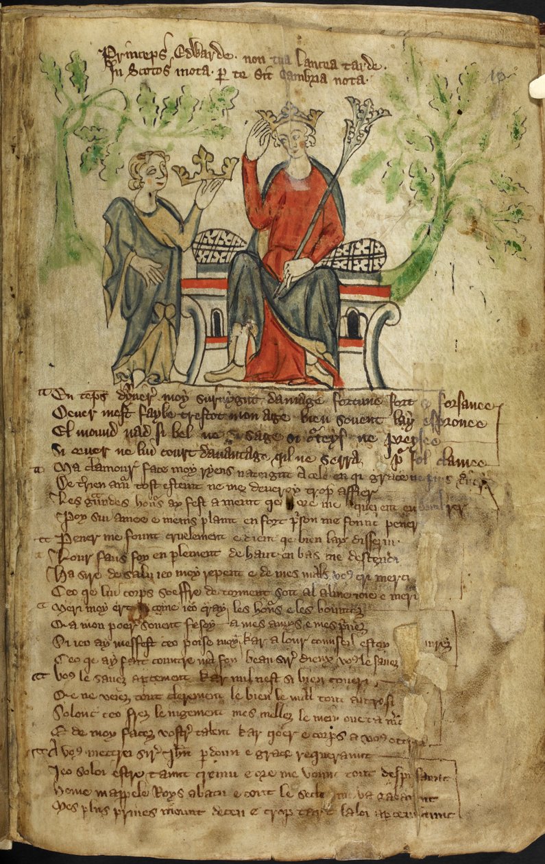 Edward II sitter på en tron, med spiran i vänster hand och rör vid hans krona med höger hand. En liten figur (möjligen en personifiering av Wales) erbjuder honom ytterligare en krona (troligen Skottlands krona). Man tror att den andra figuren är en av English School