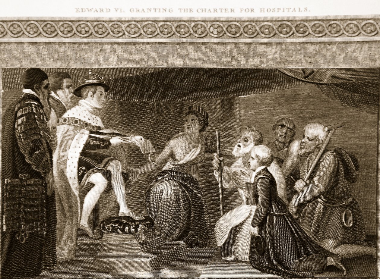 Edward VI beviljar stadgan för sjukhus, illustration från David Humes The History of England, pub. av R. Bowyer, London, 1812 88: av English School