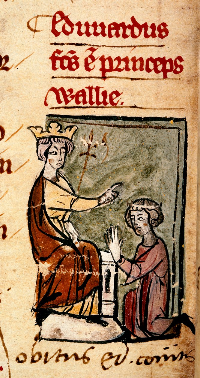 Edward av Caernarvon [Edward II] skapade Prince of Wales och Earl of Chester av sin far, kung Edward I, vid Lincolns parlament, illustration från 