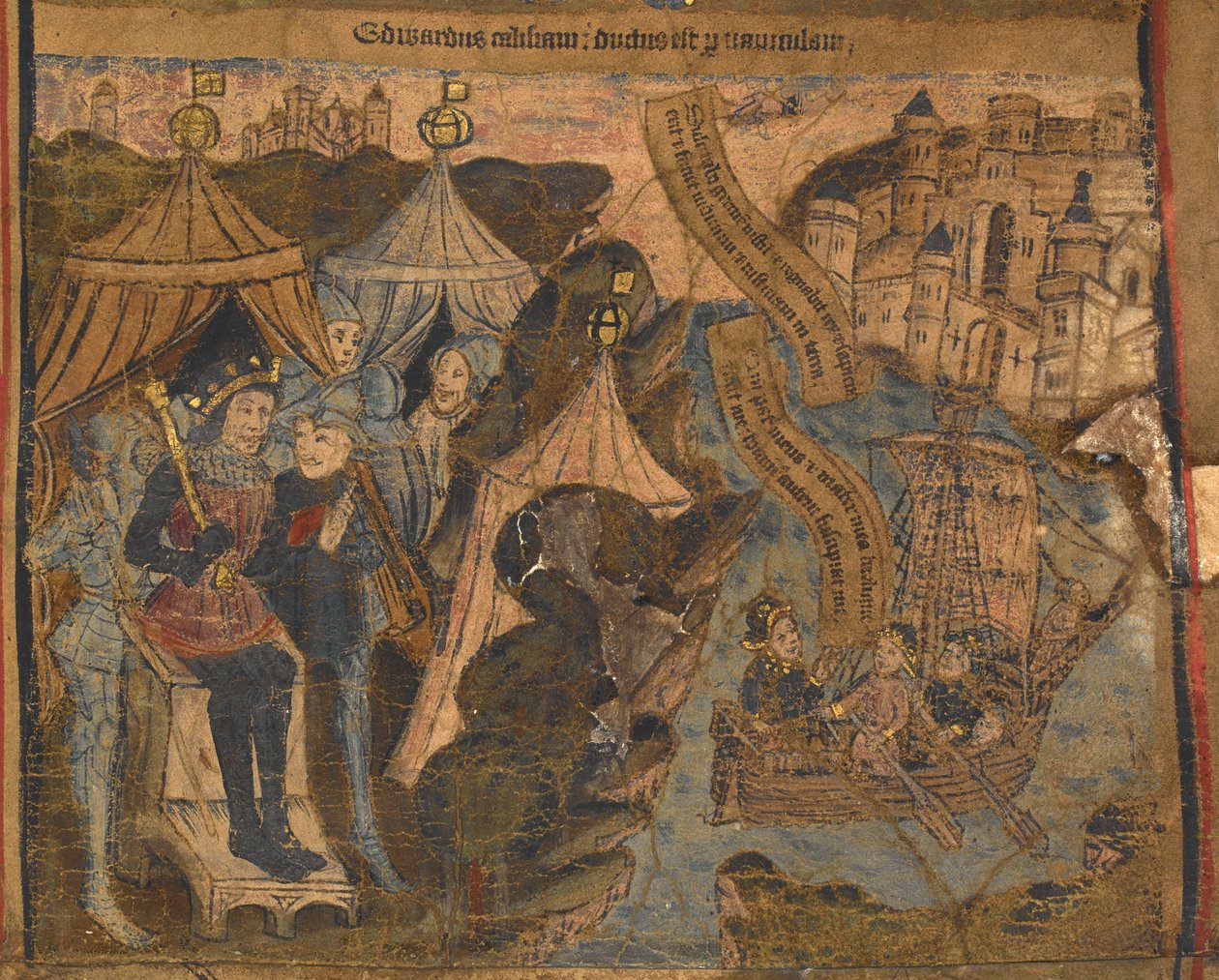 Edward av York, tillsammans med Earls of Salisbury och Warwick seglade mot Calais, efter slaget vid Ludford Bridge. Kung Henrik VI ser på triumf, illustration från 