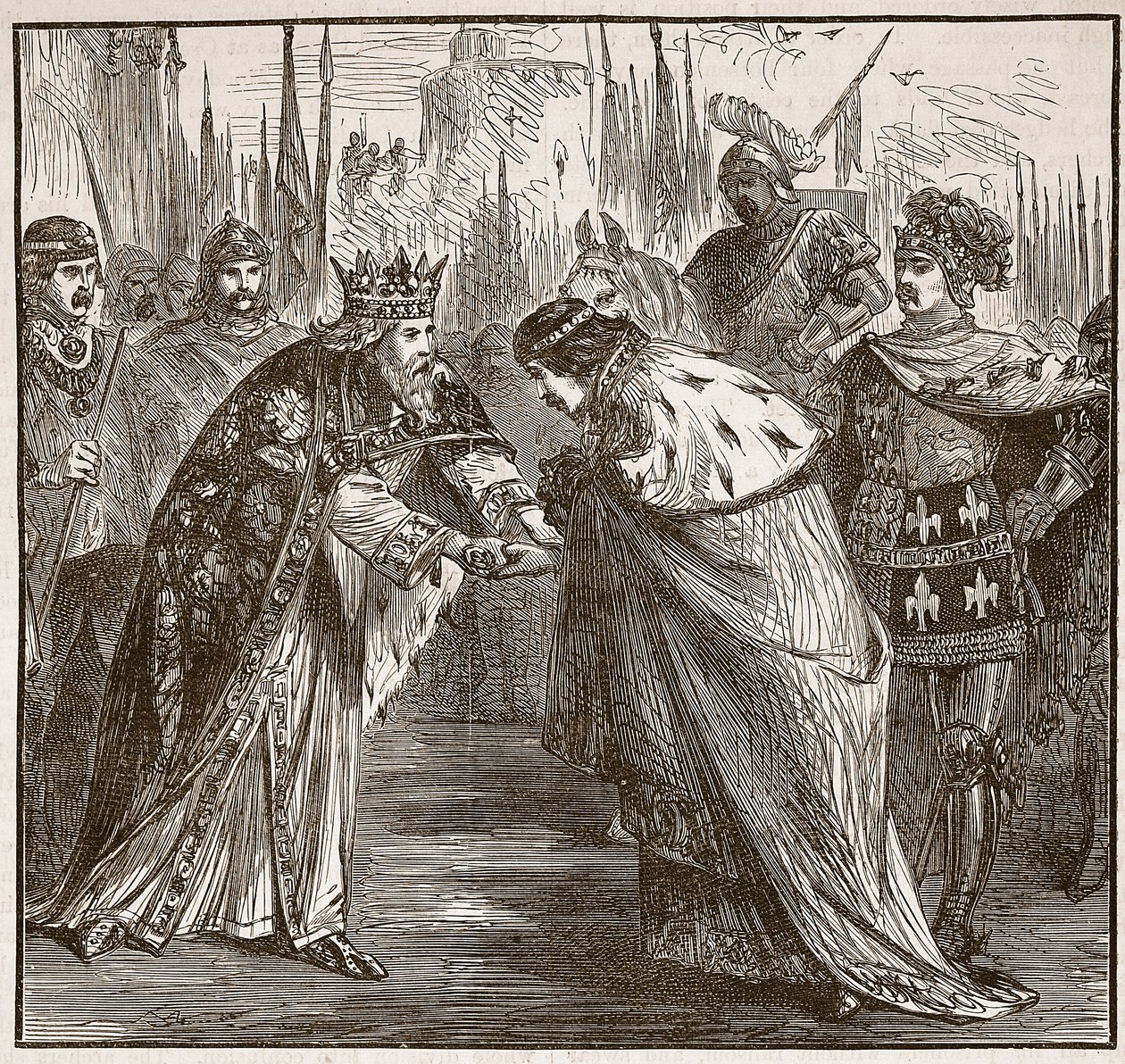 Edward tar emot kung John av Frankrike, illustration från Cassells Illustrated History of England (sepiafoto) av English School
