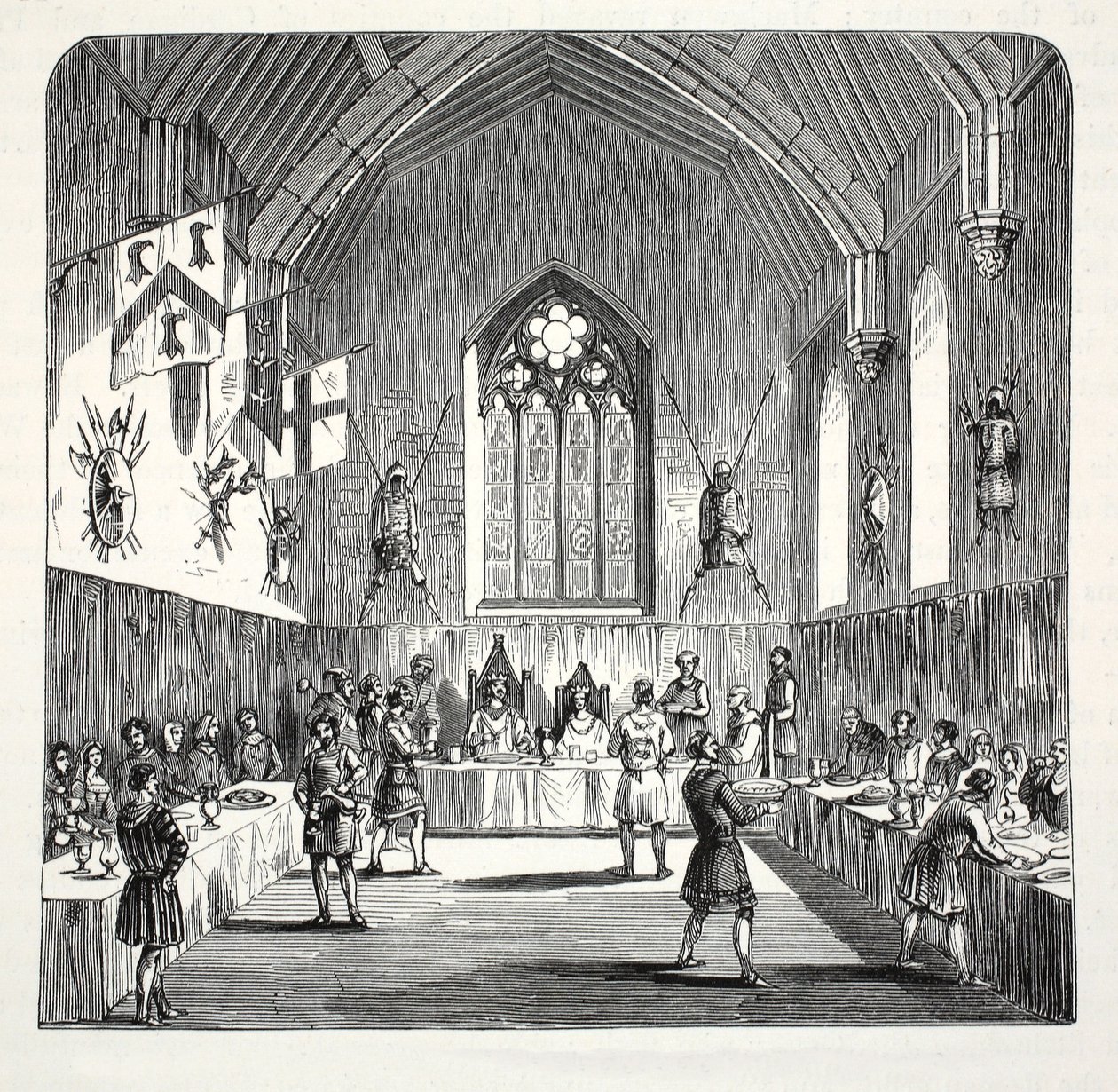 Edward den första och drottning Eleanor håller jul på Conway Castle, pub. 1800-talet (stålgravyr) av English School