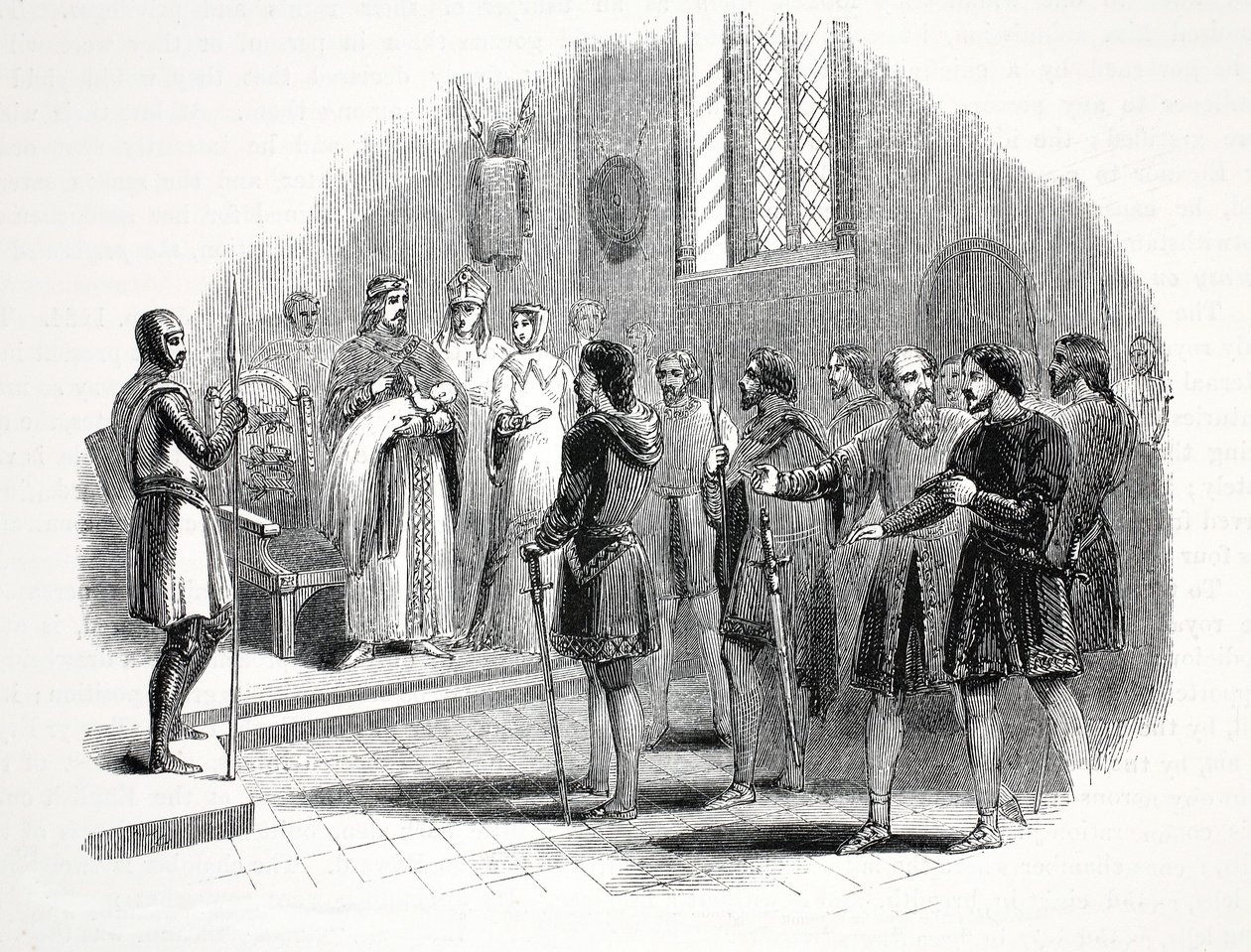 Edward den förste presenterar de walesiska hövdingarna med en prins född bland dem, på Rhuddlan Castle av English School
