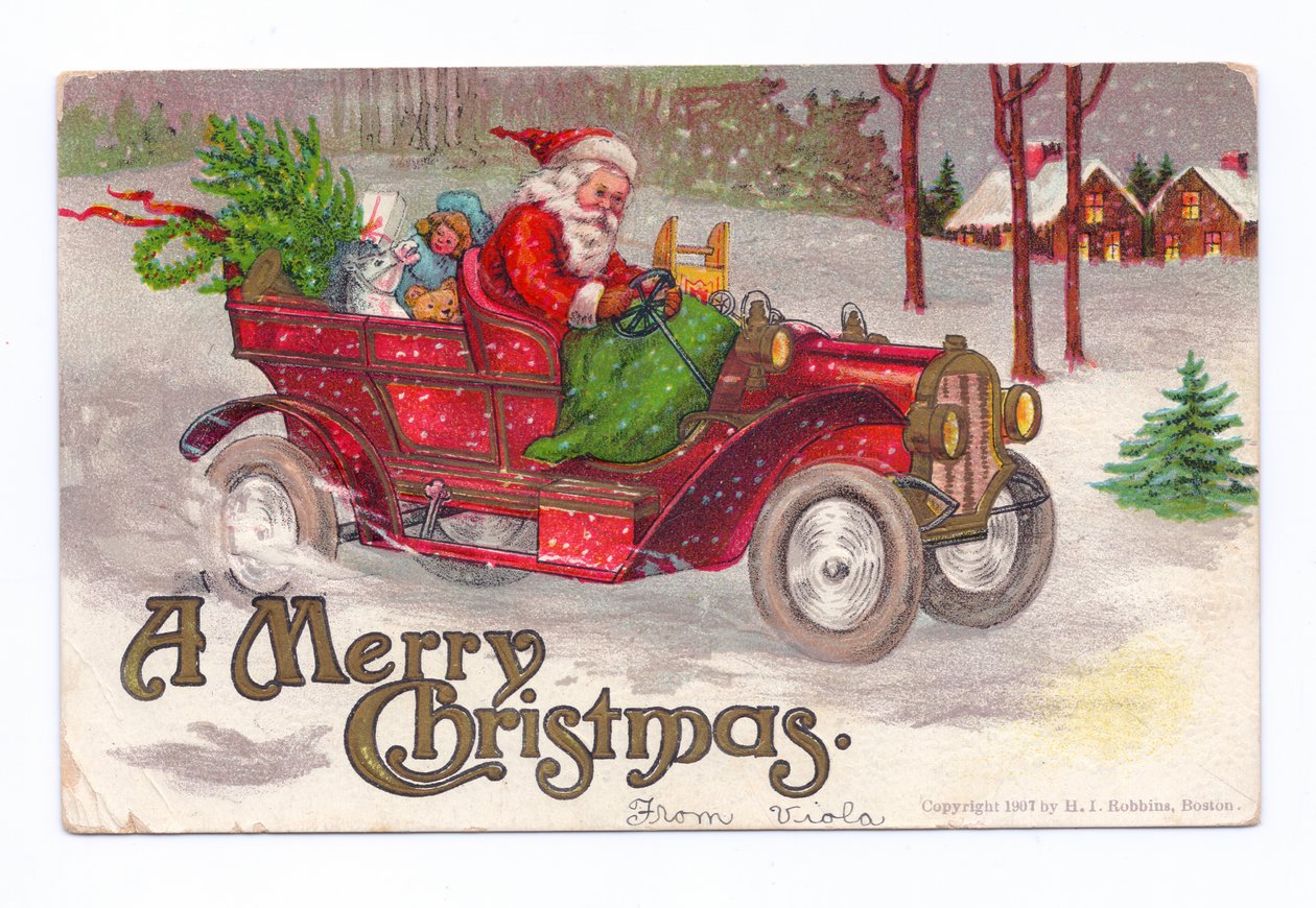 Edwardianskt julvykort av Father Christma som kör en veteranbil genom snön, ca 1910 (färglitografi) av English School