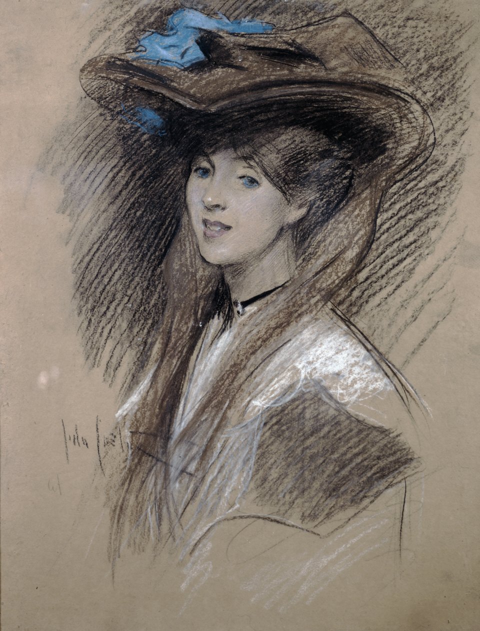 Edwardian dam (färgade kritor på papper) av English School