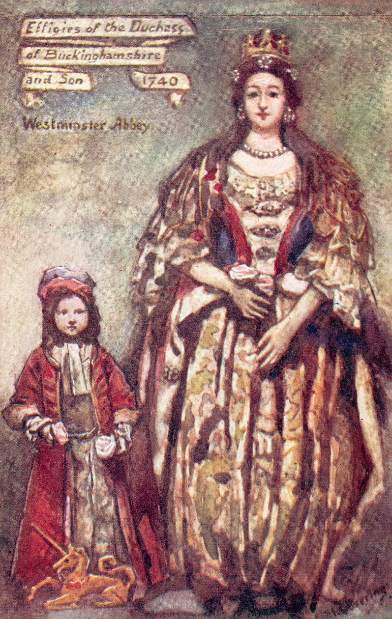 Avbildningar av hertiginnan av Buckingham och hennes son i Westminster Abbey (färglitografi) av English School