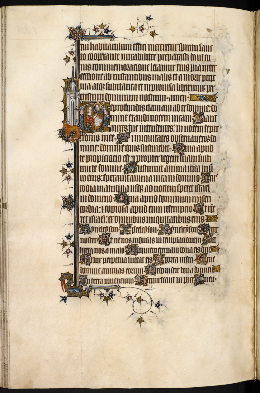 Egerton MS 3277, f.131v, Bohun dam vid bön, med marginallejon och slott, från 