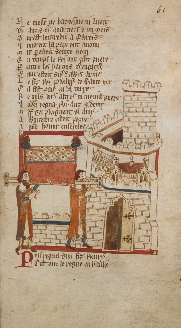 Egerton Ms 3028 f.061r King Johns kropp togs till Worcester Cathedral för begravning, illustration från "Romances in French Verse...", av Robert Wace, Canon of Bayeux (vellum) av English School