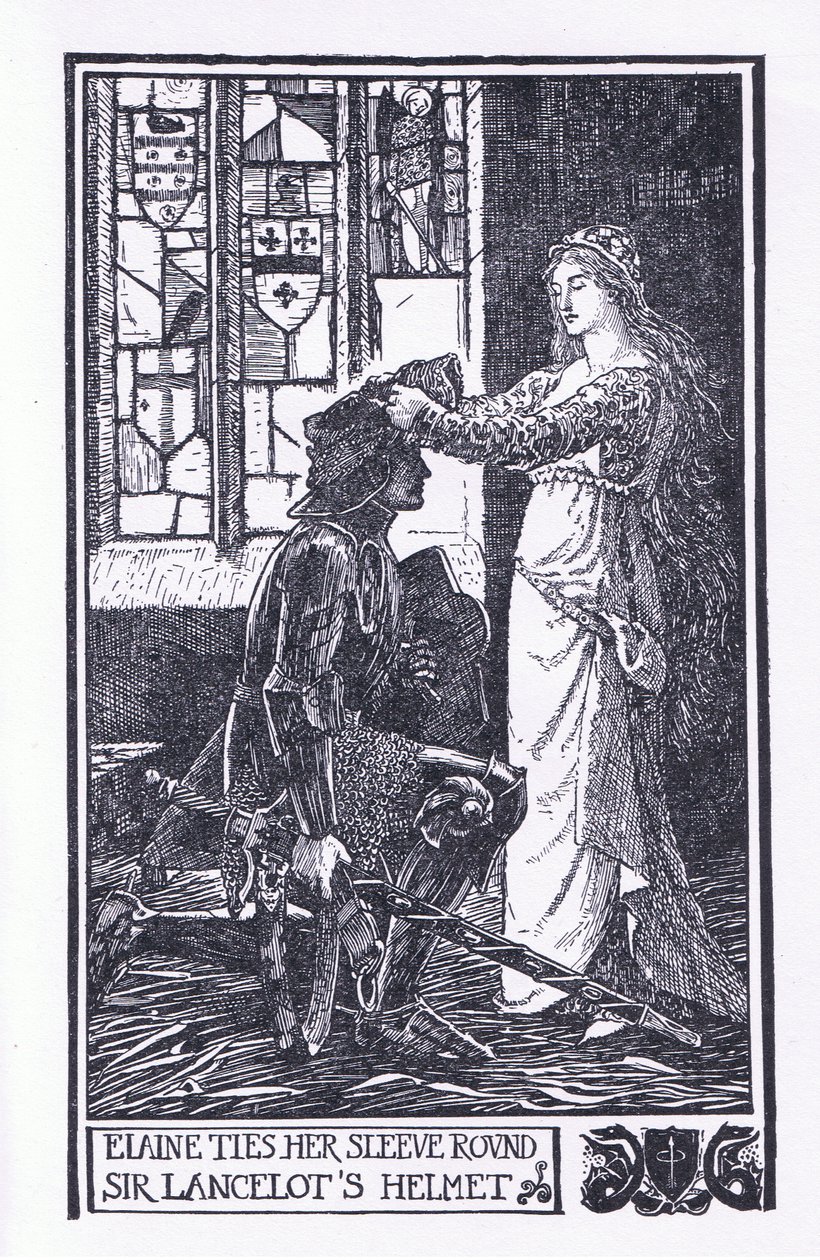 Elaine knyter ärmen runt Sir Lancelots hjälm, illustration från "The Book of Romance" publicerad av Longmans Green och Co av English School