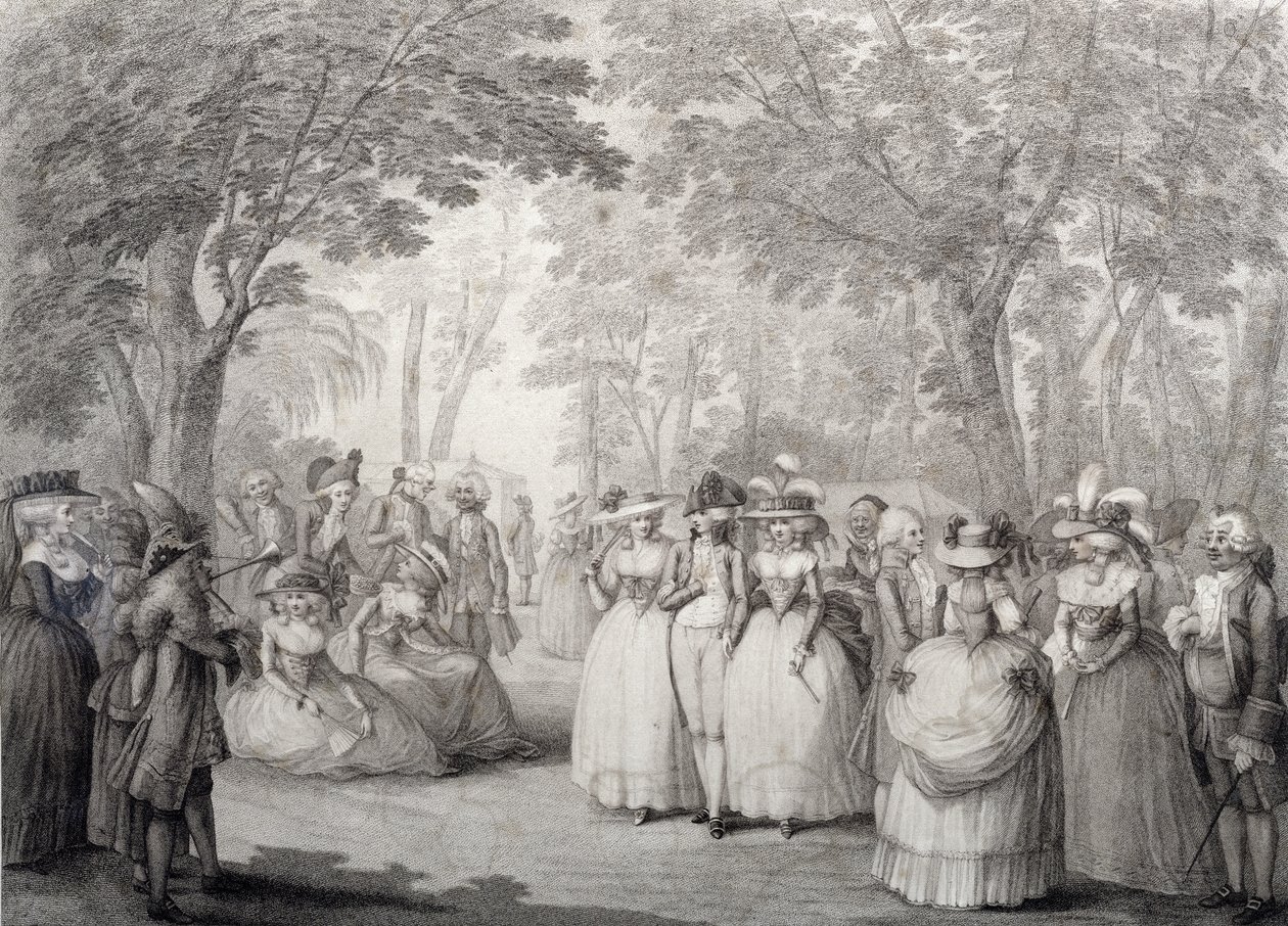 Eleganta figurer i Vauxhall Gardens av English School