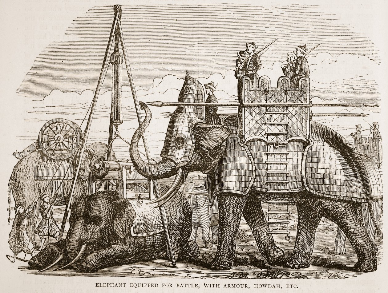 Elefant utrustad för strid, med rustning, howdah, etc., illustration från Cassells Illustrated History of India av James Grant, pub. 1879 av English School