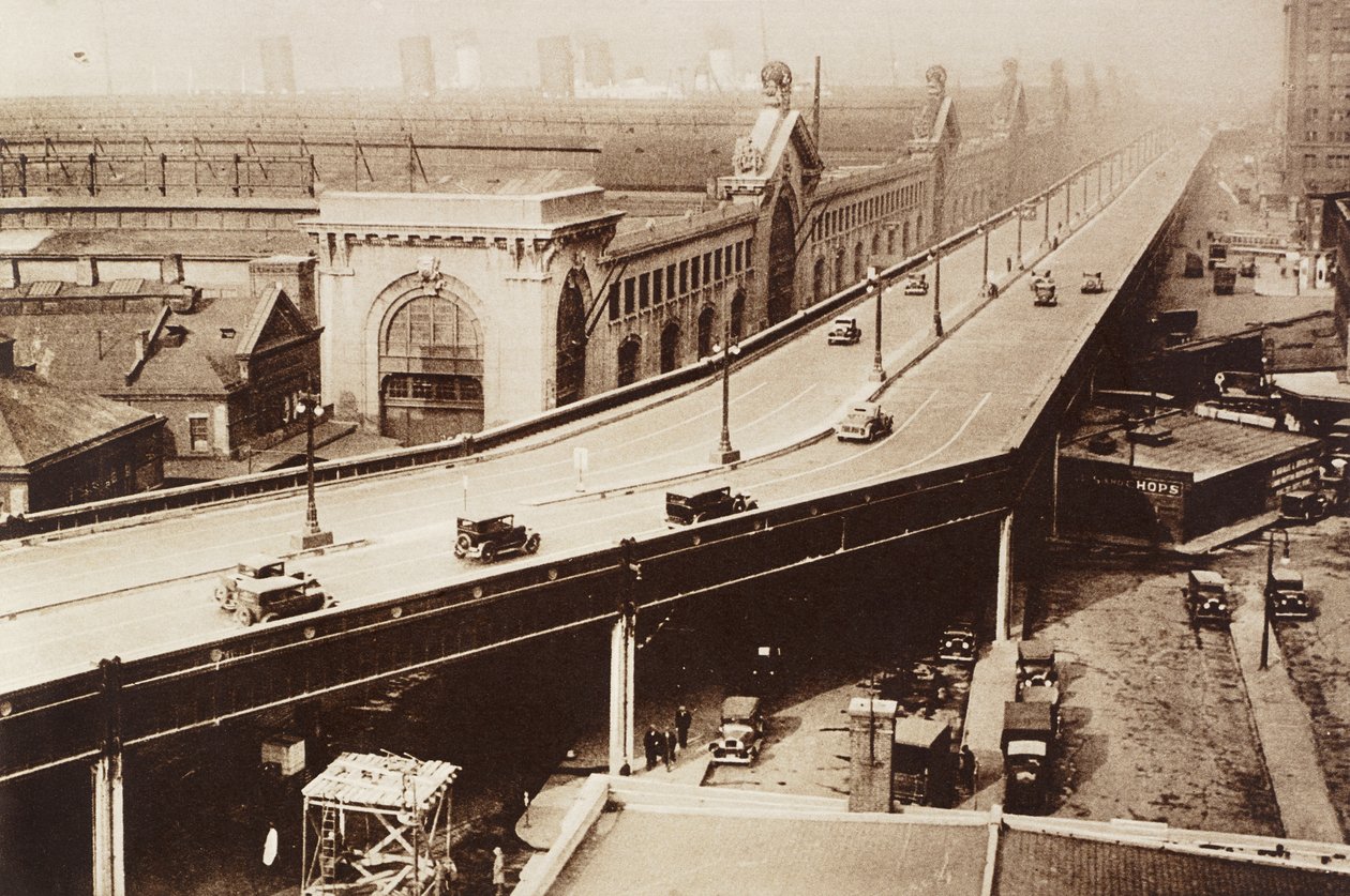 Upphöjd motorväg, Jersey City, New York, USA, fotografi från Illustrated London News, 12 januari av English School