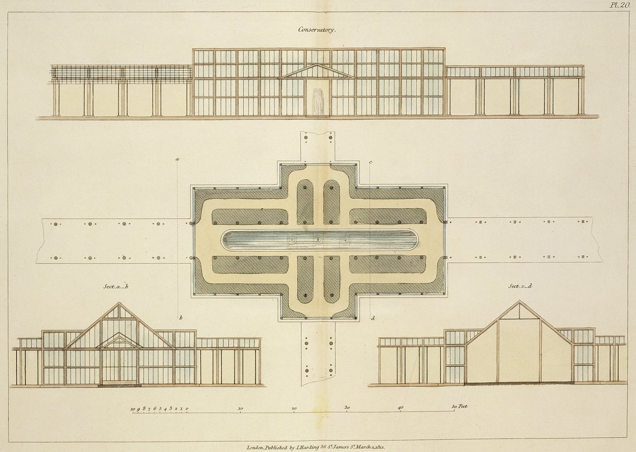 Förhöjder och grundplan av ett växthus, från Tips om bildandet av trädgårdar och nöjesmarker av John Claudius Loudon (1783-1843) publicerad 1812 av English School