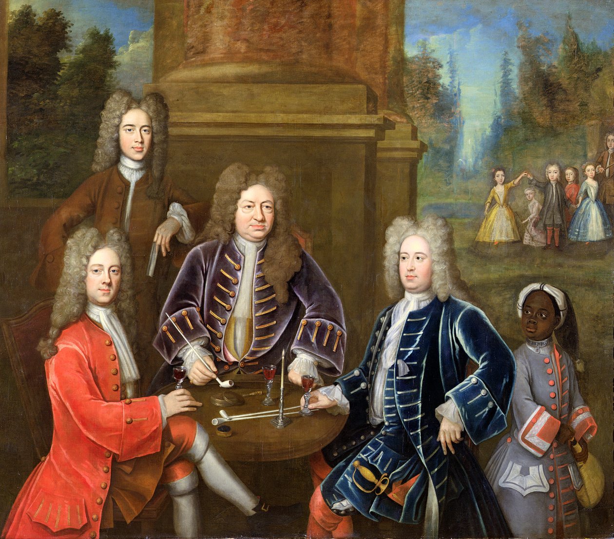 Elihu Yale (1648-1721) den andre hertigen av Devonshire, Lord James Cavendish, Mr Tunstal and a Page, ca 1708 av English School