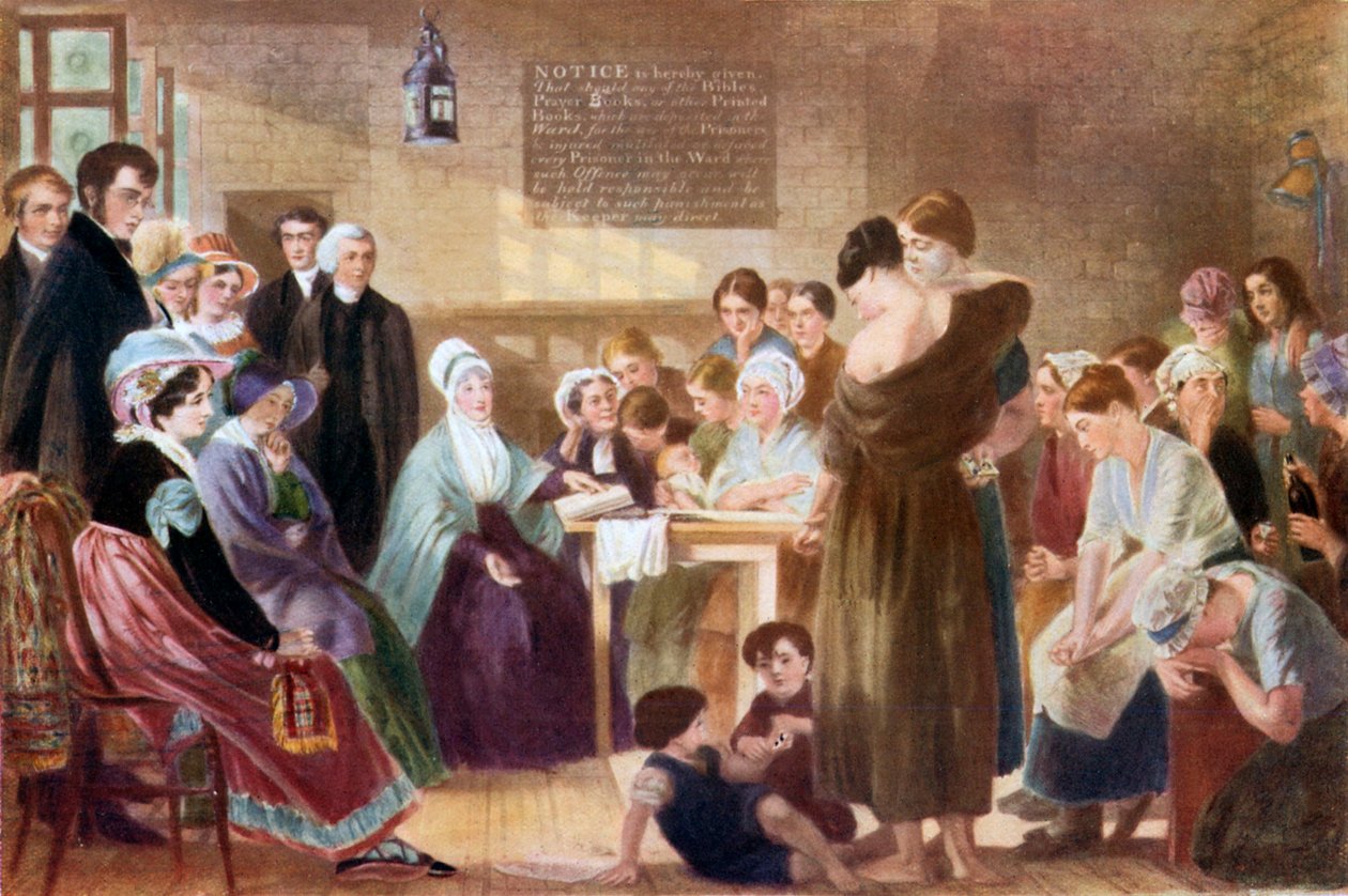 Elizabeth Fry besöker Newgate-fängelset (färglitografi) av English School
