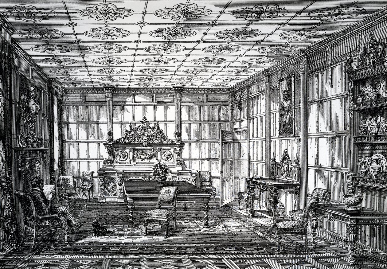 Elizabethan Dining Room, publicerad i The House-Furnisher & Decorator, 1 oktober 1872 av English School