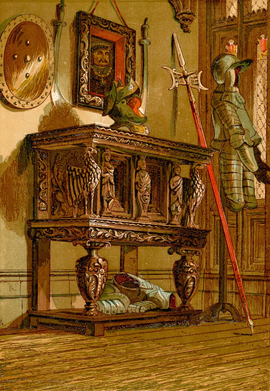 Elizabethanskt sideboard eller skåp på Warwick Castle (kolorerad gravyr) av English School