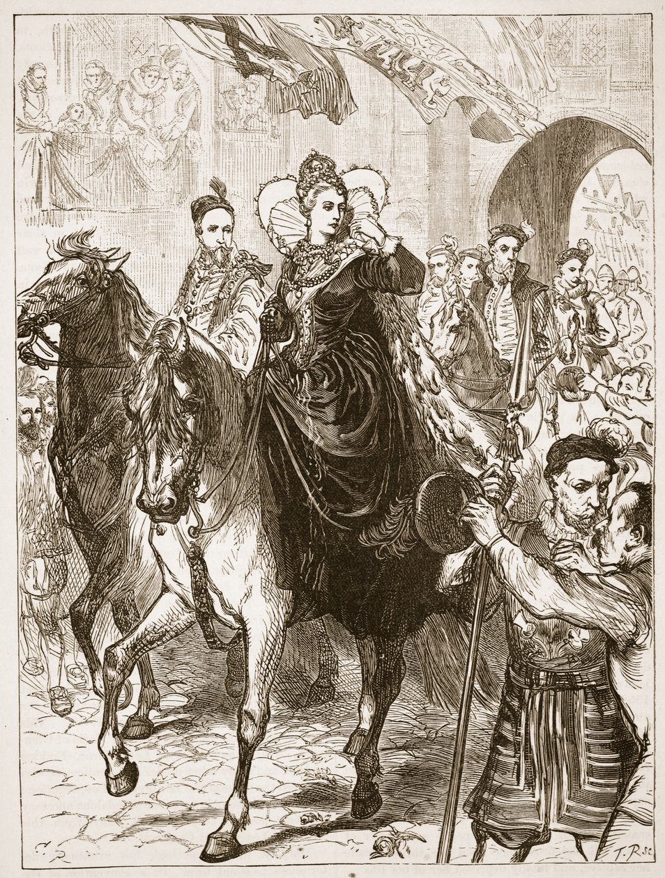 Elizabeths offentliga inträde i London, illustration från Cassells Illustrated History of England (sepiafoto) av English School