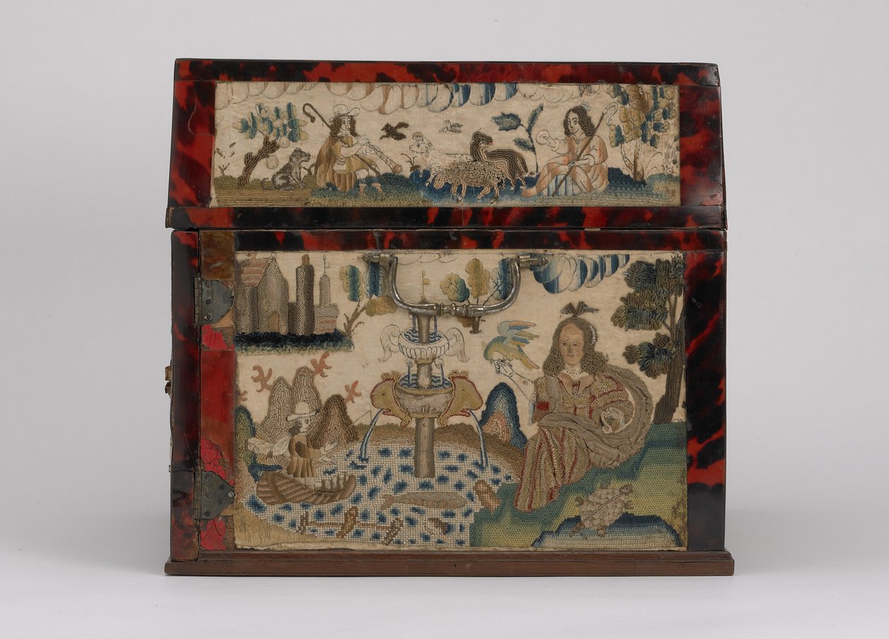 Broderad kista, ca 1660 (silke, canvas, trä, sköldpaddsskal och silverfästen) av English School
