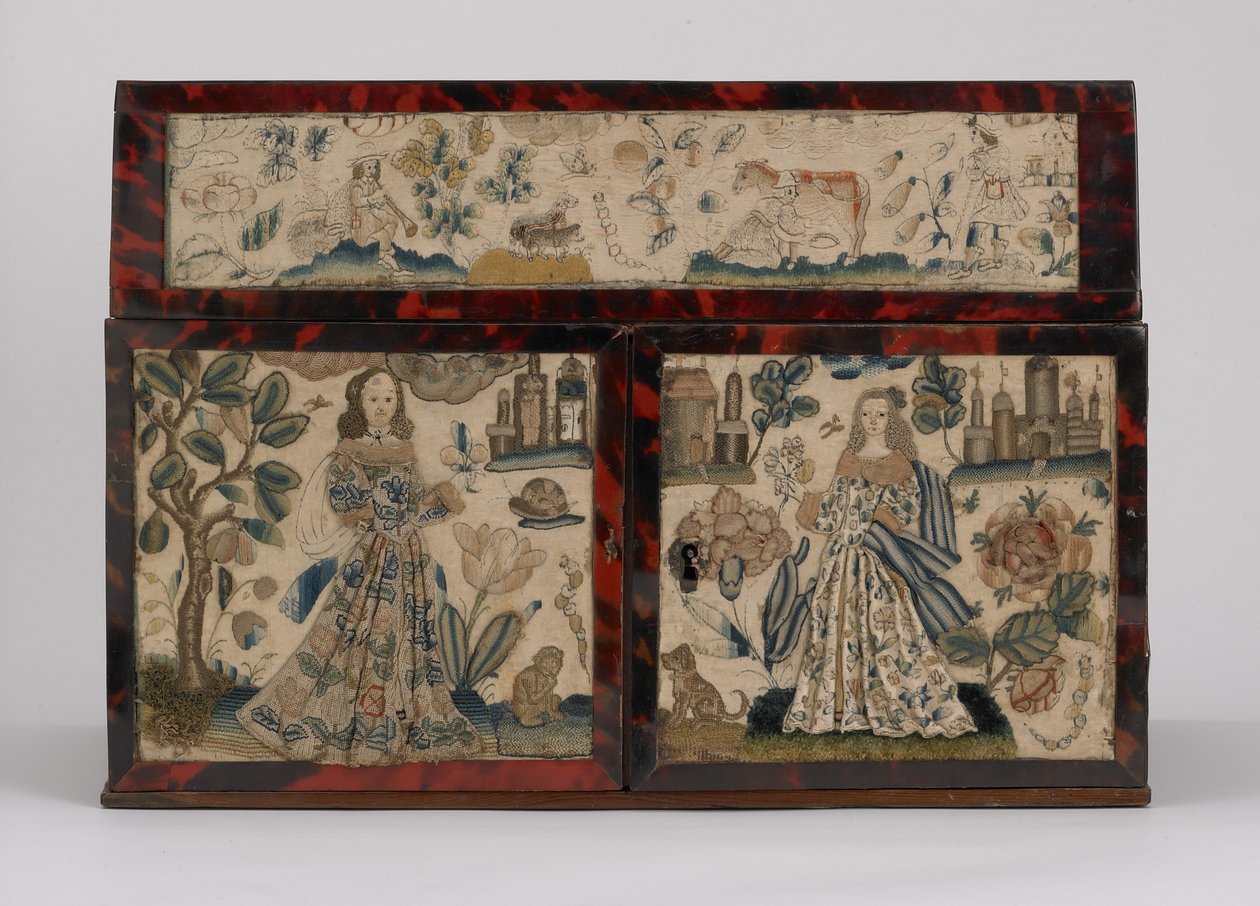 Broderad kista, ca 1660 (silke, canvas, trä, sköldpaddsskal och silverfästen) av English School