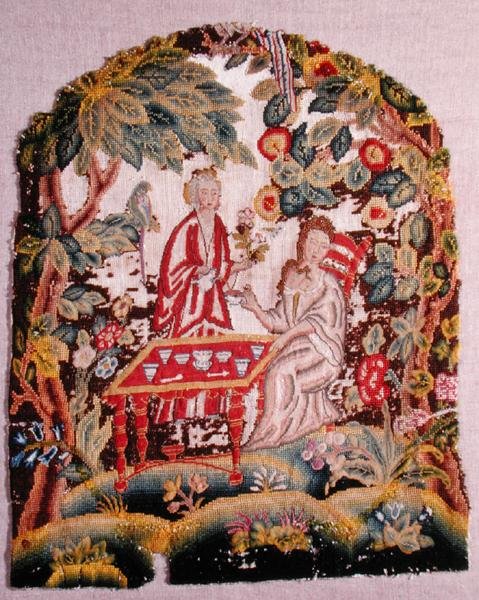 Broderad stol, ca 1700 (ull och siden på duk) av English School