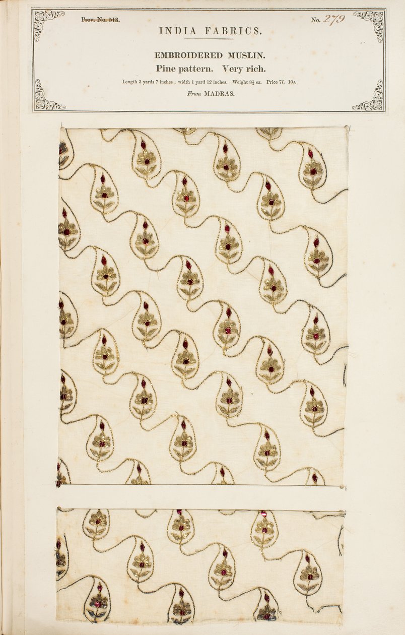 Broderat muslinprov från Madras, från The Collection of the Textile Manufacturers of India, av John Forbes Watson, publicerad 1866 av English School