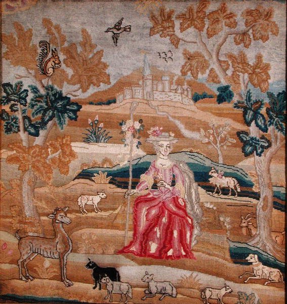 Broderad panel som föreställer en herdinna framför en by (silke) av English School