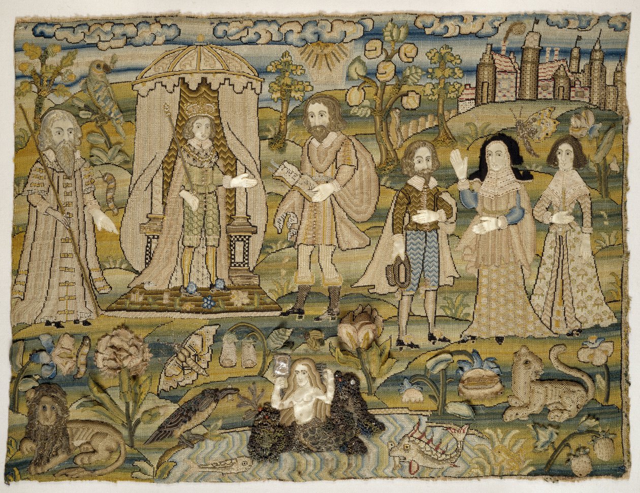 Broderad bild: "The Proclamation of Salomon", mitten av 1600-talet av English School