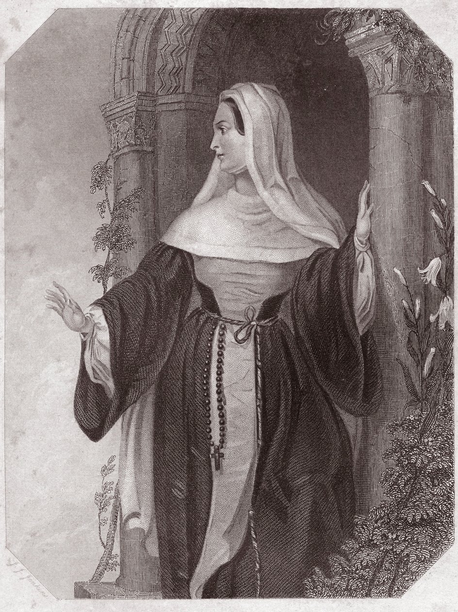 Emilie, fru till Aegeon, abbedissa i en gemenskap av Efese (The Comedy of Errors) Emilia Lady Abbess at Ephesus (The Comedy of Errors) i - "" Galerie des femmes de Shakespeare, samling av fyrtiofem allvarliga porträtt av tidiga Londonkonstnärer , berikad m av English School