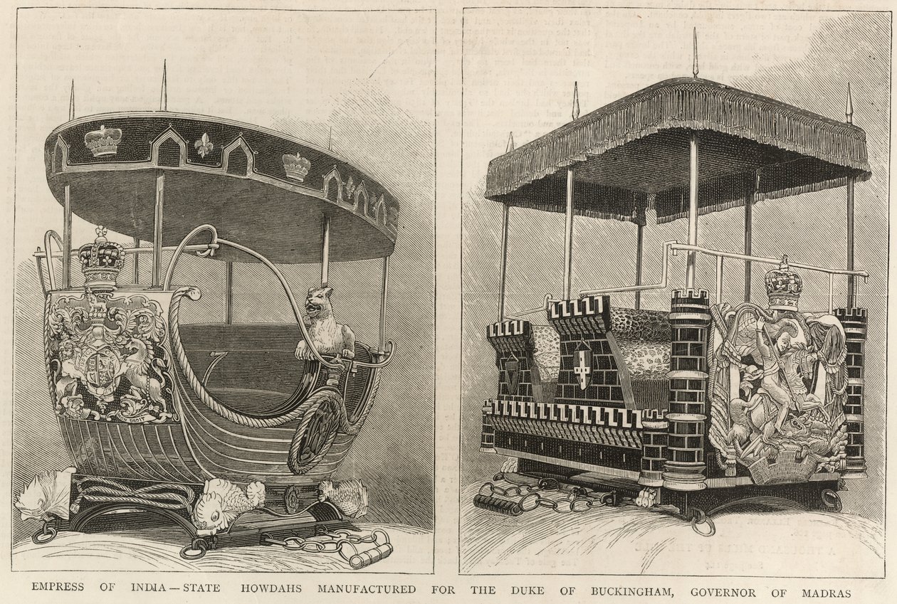 Kejsarinna av Indien: statliga howdahs tillverkade för hertigen av Buckingham, guvernör i Madras, från The Graphic, 3 februari 1877 av English School