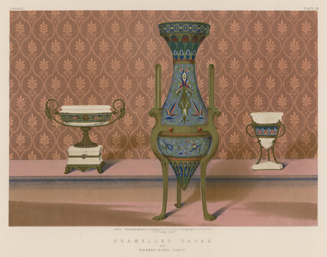 Emaljerade vaser av Barbedienne, Paris (chromolitho) av English School