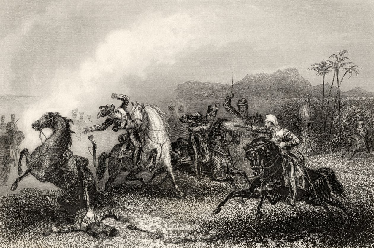 Möte mellan Lieutenant Hills och en kropp av Sepoy Cavalry, från "The History of the Indian Mytery", publicerad 1858 av English School