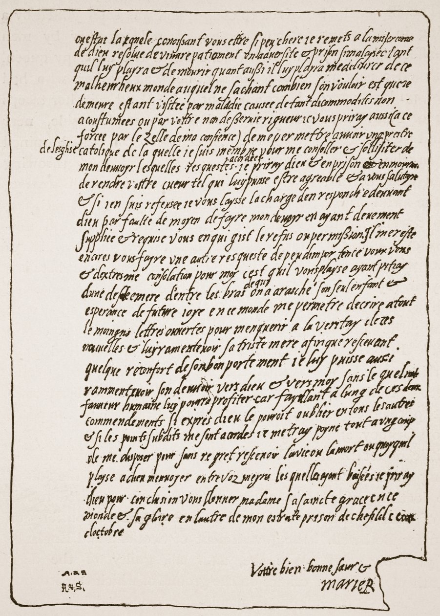 Slutet på ett brev till drottning Elizabeth, från Mary, Queen of Scots, när han satt i fängelse, och bad om att få en katolsk kaplan, illustration från The Church of England: A History for the People av H.D.M. Spence-Jo av English School