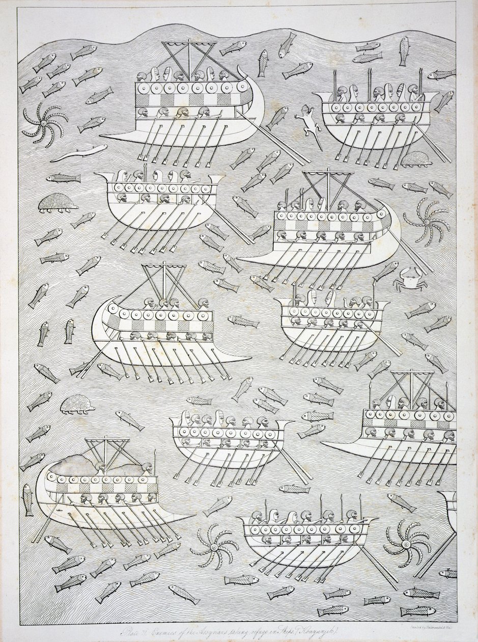 Fiender till assyrierna som tar sin tillflykt till fartyg, skylt 71 från Nineveh and its Remains av Austen Henry Layard (1817-94) publicerad 1849 av English School