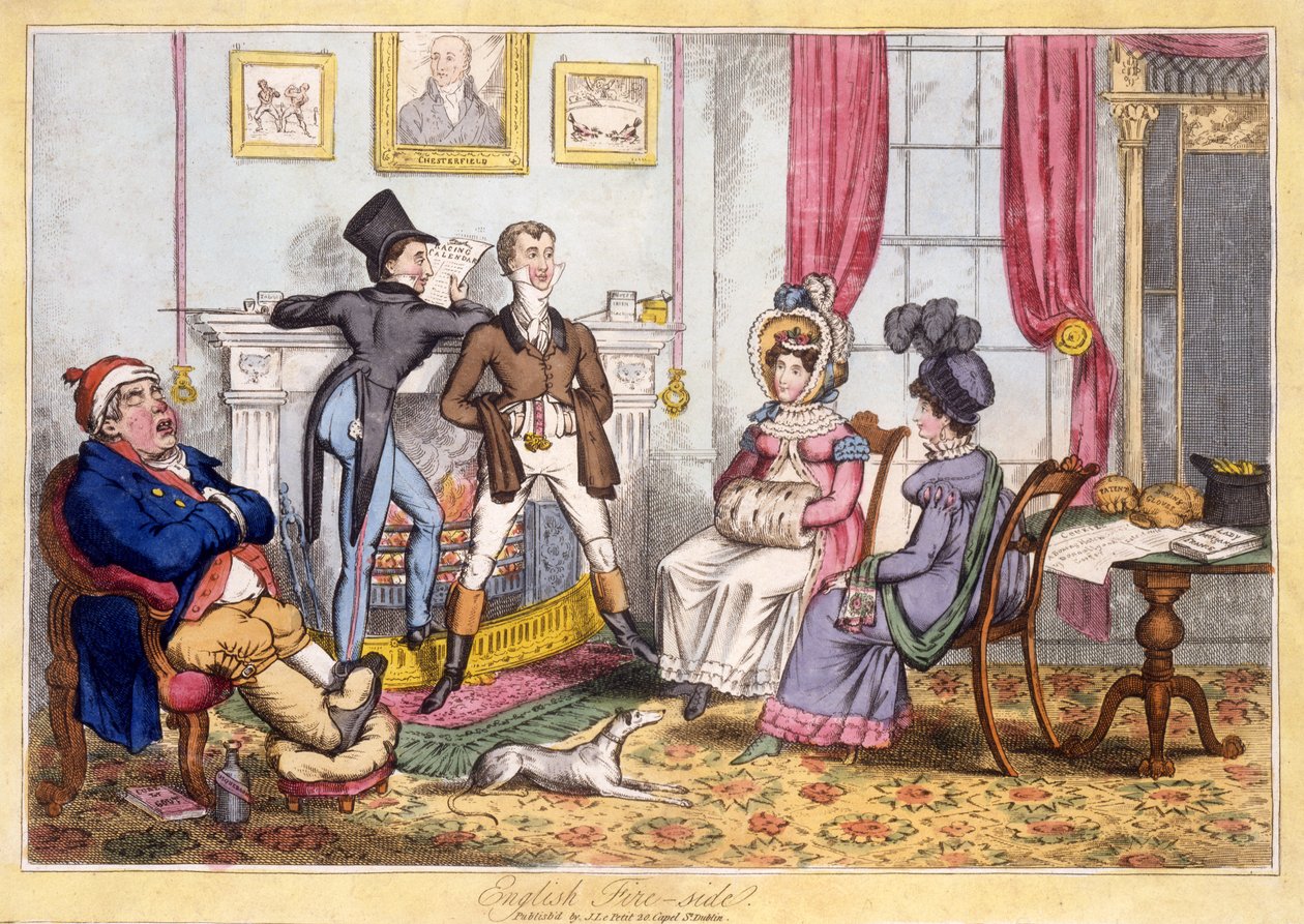 Engelska Fireside, pub. J. lePetit, Dublin, ca 1820 (handfärgad gravyr) av English School