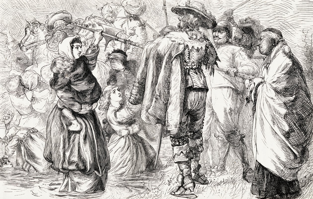 Engelska protestanter drunknas av irländska katoliker under det irländska upproret 1641, ca 1865 (trästick) av English School