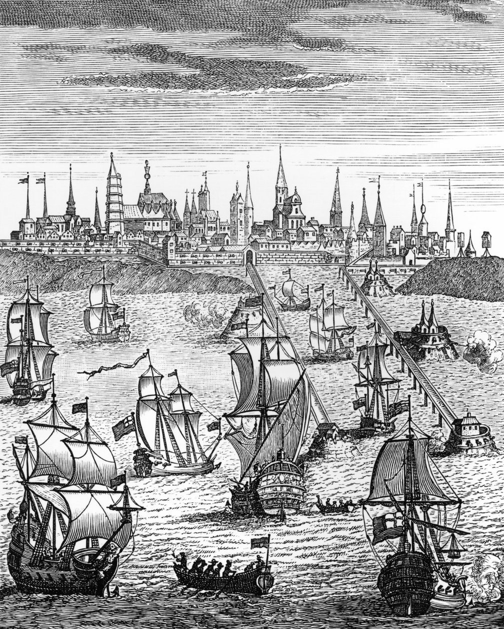Engelsk skvadron som bär trupper för att ta Dunkirk i besittning, från "The History of Queen Anne (1665-1714)", pub. år 1740 av English School