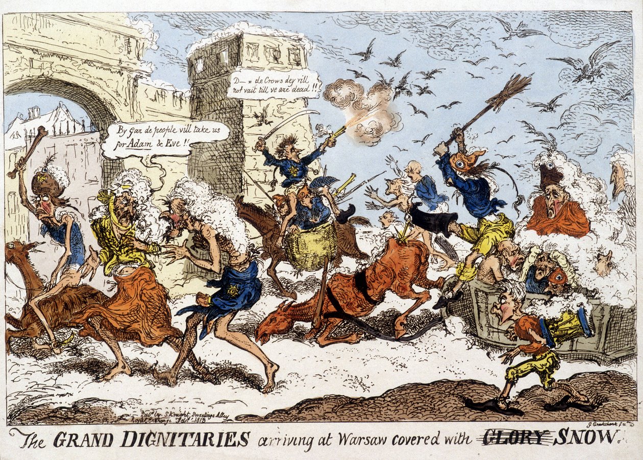 Engelsk tecknad serie om Napoleonarméns ankomst till Warszawa under snö efter den ryska reträtten i december 1812. av English School