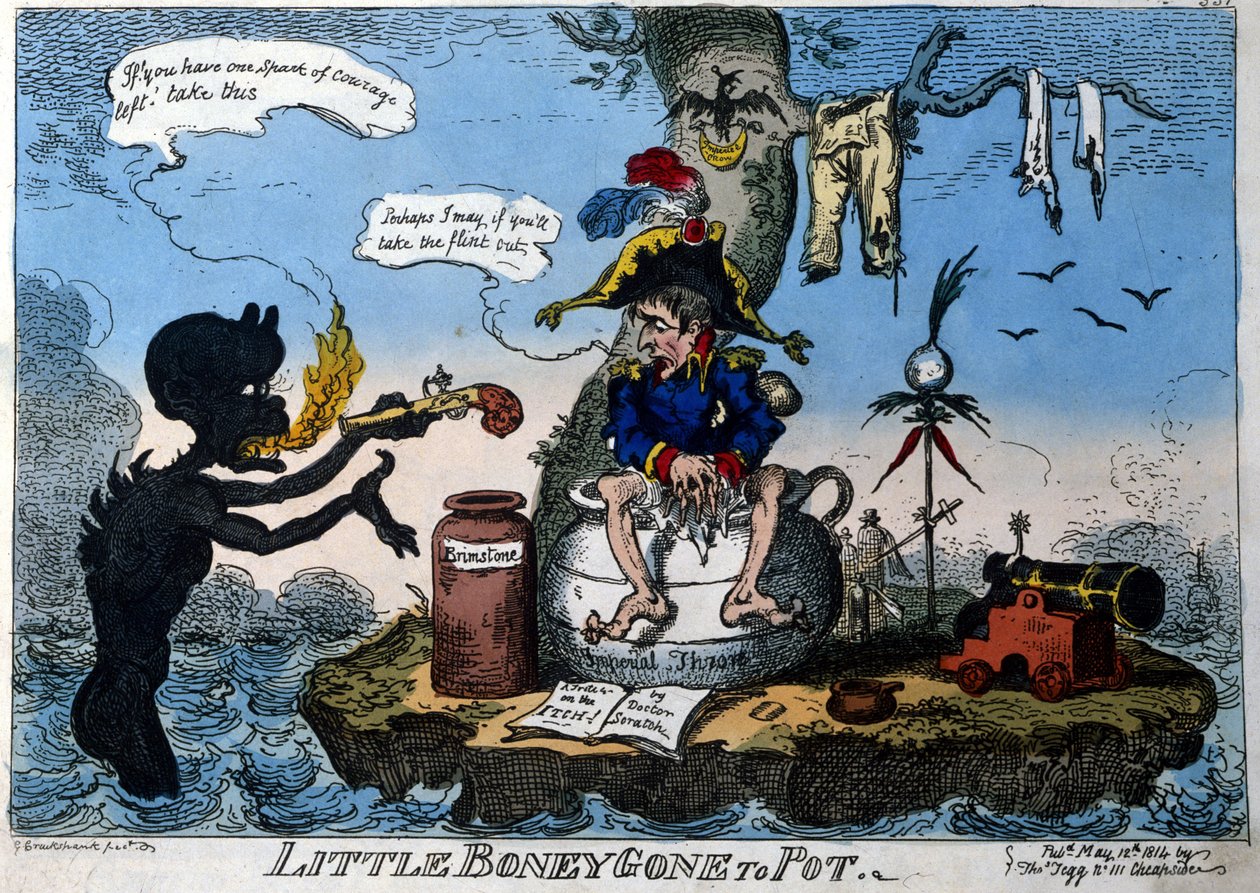 Engelsk tecknad serie som föreställer kejsar Napoleon I i exil på ön Elba: när han sitter på sin nya trone i form av en kammarkruka ger en demon honom en pistol om han har modet att använda den. maj 1814. av English School
