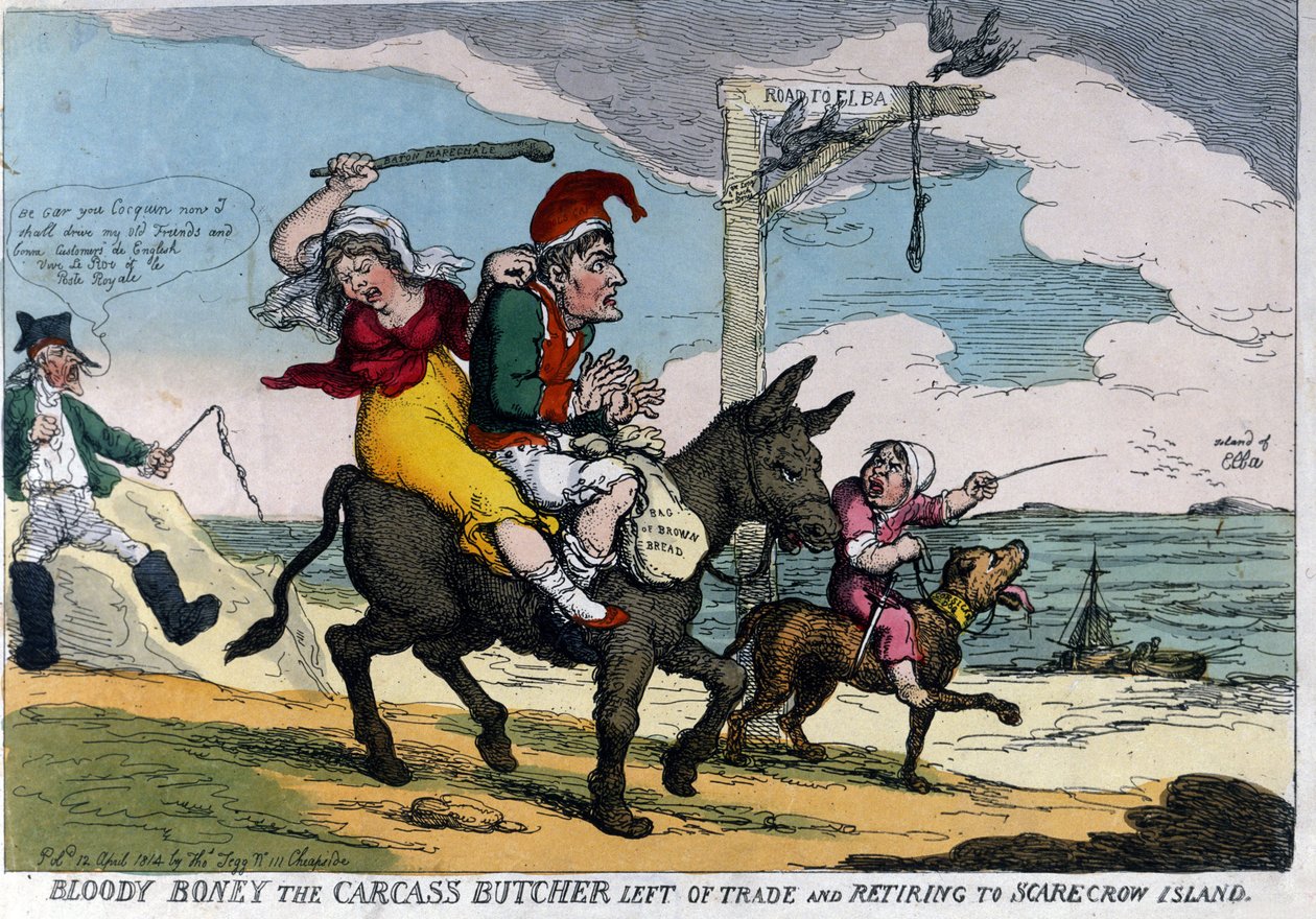 Engelsk tecknad film om kejsar Napoleon I:s exil föreställer på en åsna på väg till ön Elba. 04/1814. av English School