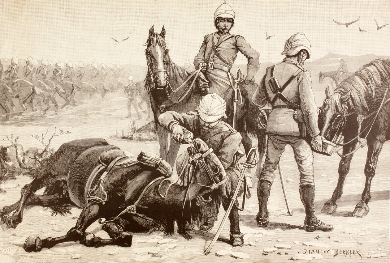 Engelskt kavalleri vattnade sina hästar under Mahdistkriget, Sudan på 1880-talet (litho) av English School