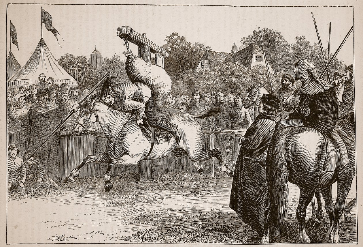 Engelsk munterhet under fjortonhundratalet: Tilting at the Quintain, illustration från Cassells Illustrated History of England (sepiafoto) av English School