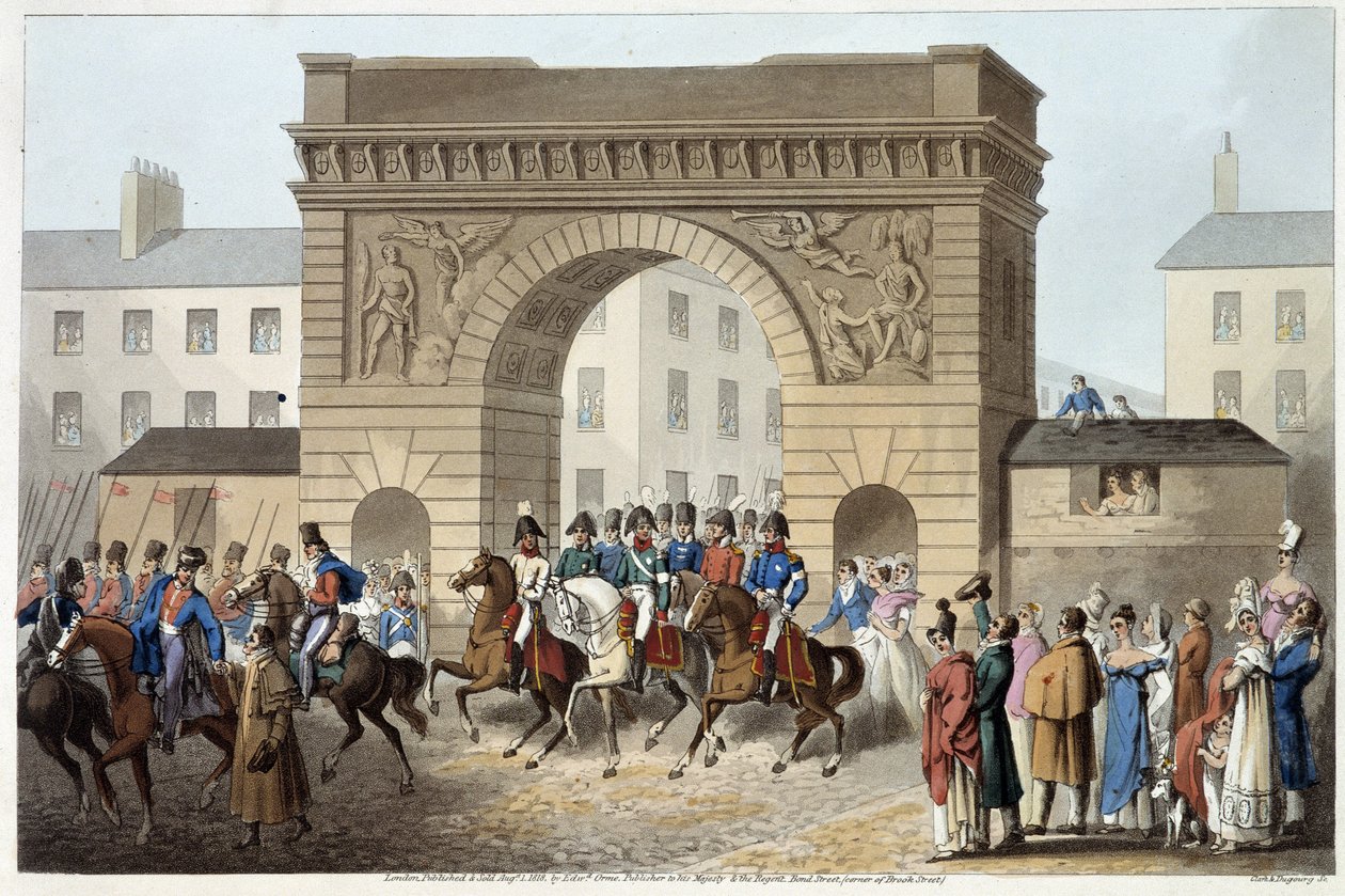 Engelsmän och allierade intog Paris i "Historical, military and naval anecdotes and incidents that arrived at the arms of Great Britain and their allies, ending in Waterloo" av Edward Orme. Ill. av Fry, Sutherland, Clark, Dubourg, W.Heart, JA, Atkinso av English School