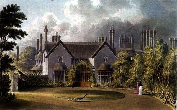 Entréfasaden till Hans Majestäts stuga, Windsor Great Park, från R. Ackermanns (1764-1834) "Repository of Arts". av English School