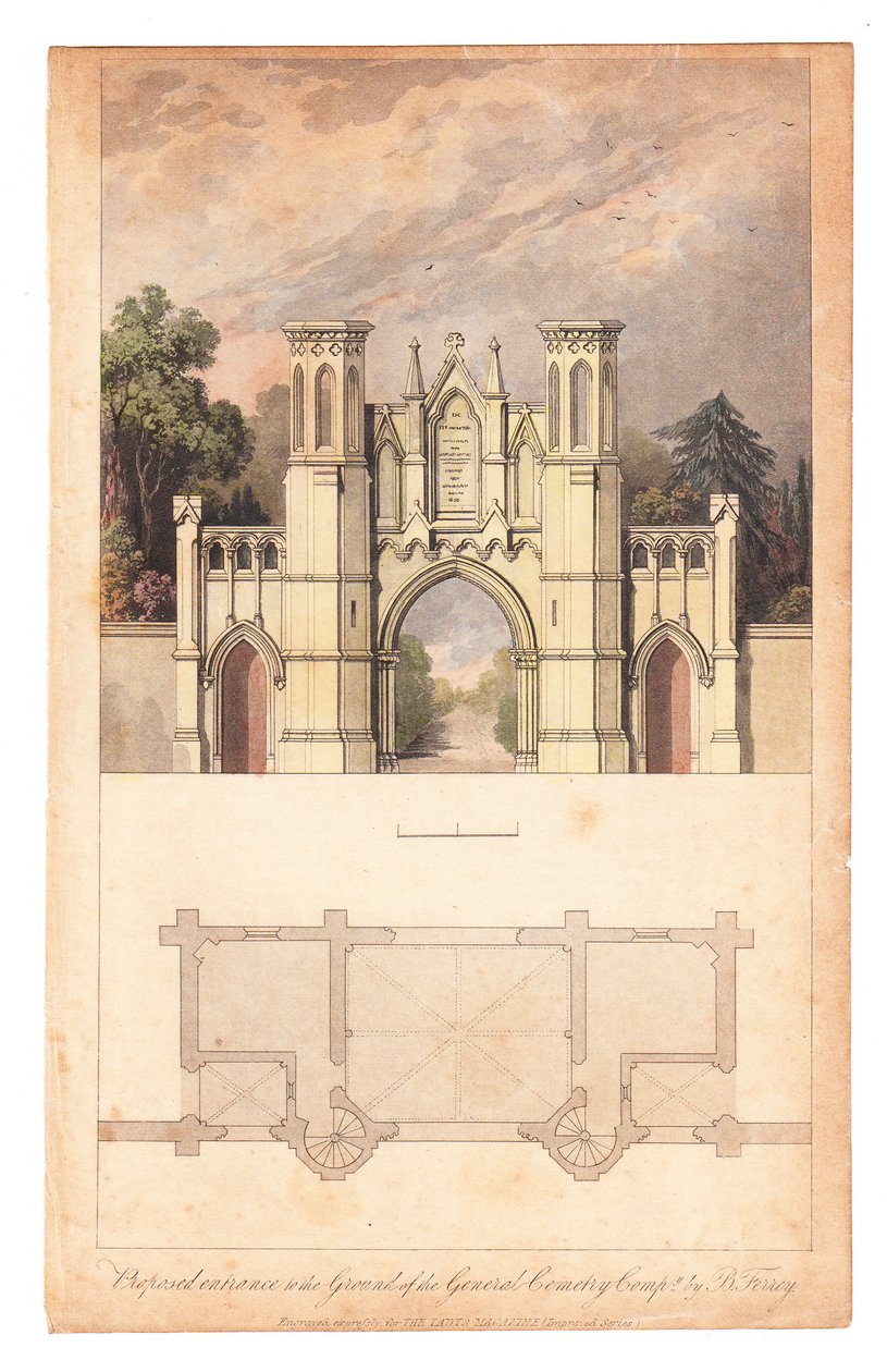 Ingången till Highgate Cemetery publicerad av The Lady Magazine, cirka 1839. av English School