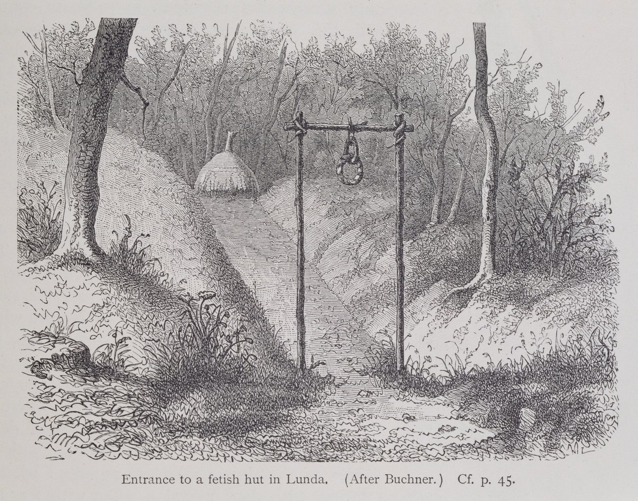 Entré till en fetischhydda i Lunda, från The History of Mankind, Vol.1, av Prof. Friedrich Ratzel, 1896 av English School