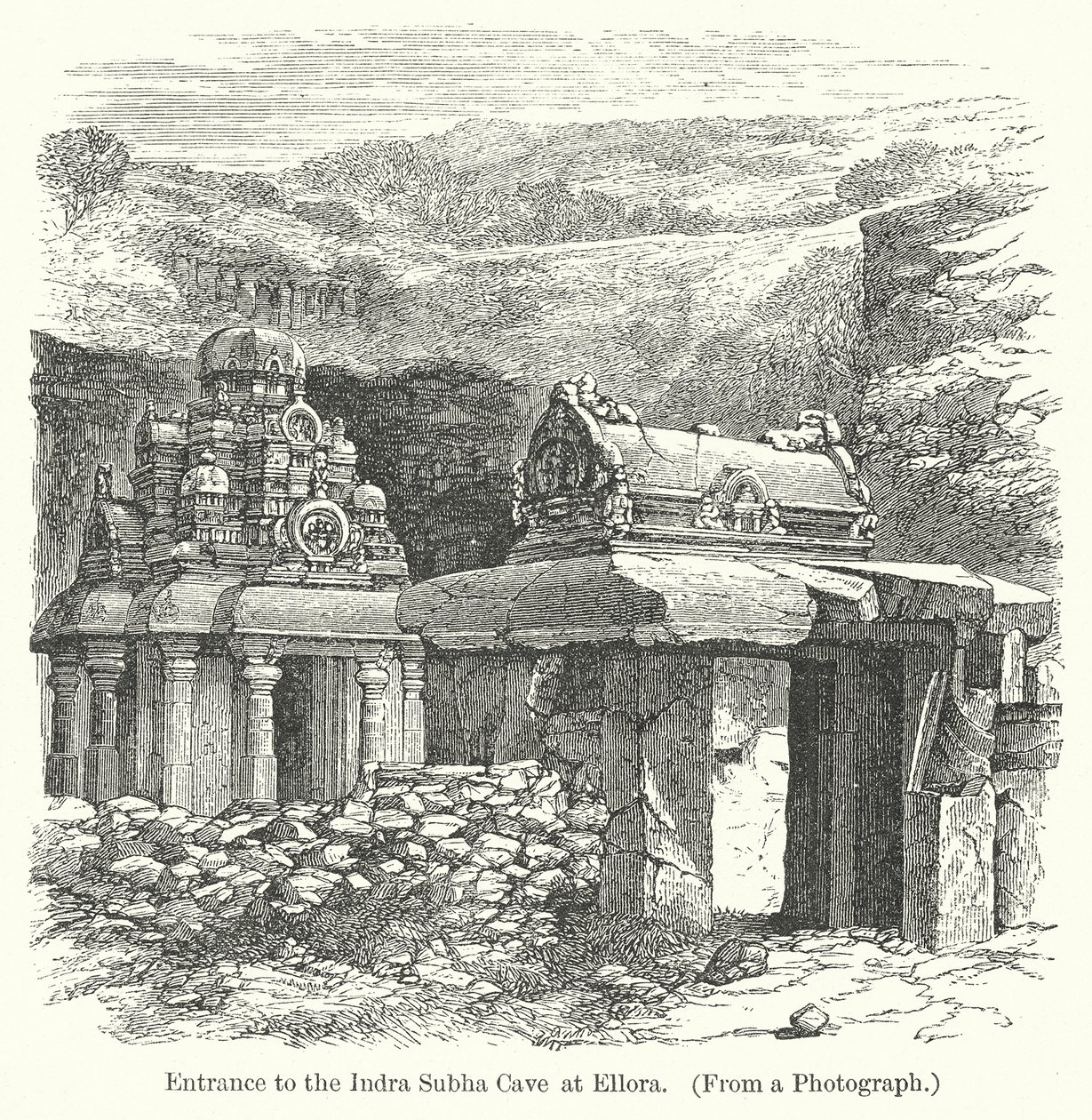 Ingång till Indra Subha-grottan vid Ellora (gravyr) av English School