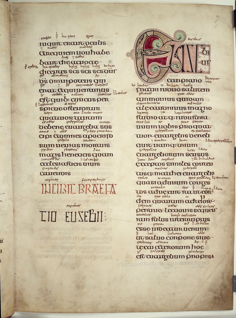 Eusabiusbrev till Carpianus, från "Lindisfarne-evangelierna", 710-21 (vellum) av English School